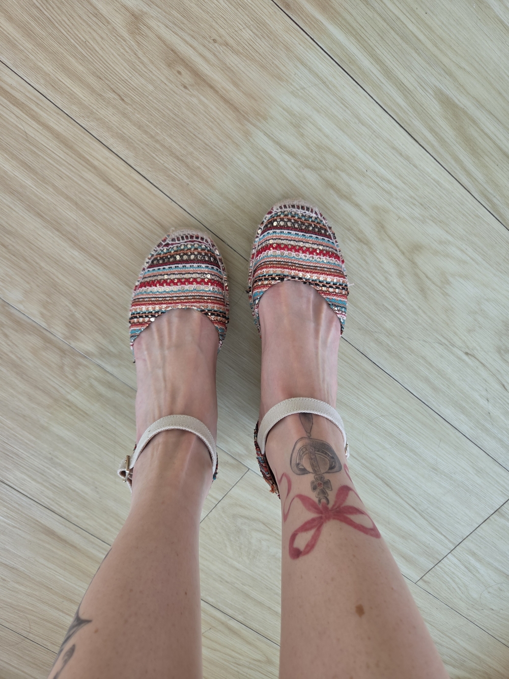 Striped Multicolor Ankle-Strap Wedges